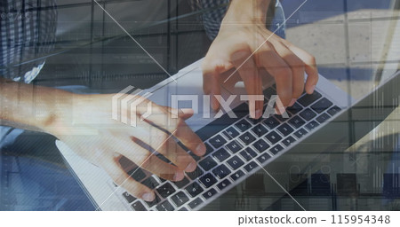 Image of caucasian businessman using laptop over people walking 115954348