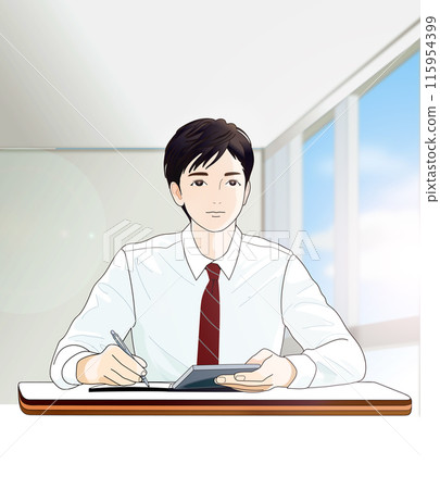 A refreshing male student studying in a classroom by the window, front view, summer 115954399