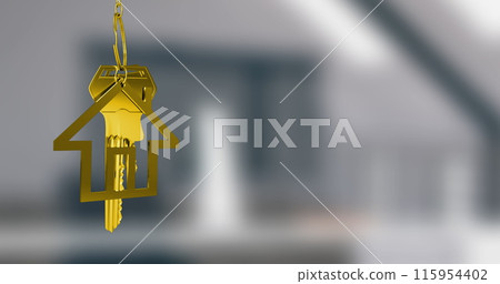 Image of key with house keychain over blurred background 115954402