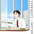 清爽的男學生在窗邊的教室裡學習，側身，夏天 115954431
