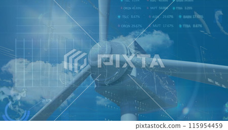 Image of financial data processing over wind turbine Image of financial data processing over wind turbine 115954459