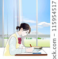 清爽的女學生在窗邊的教室裡學習，側身，夏天 115954517