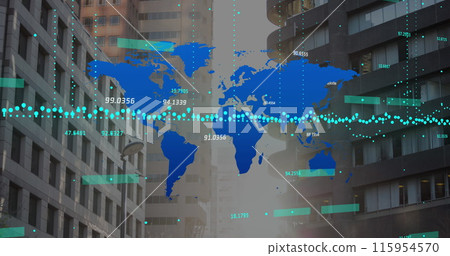 Image of stock market data processing over world map against tall buildings Image of stock market data processing over world map against tall buildings 115954570