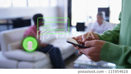 Image of media icon over hands using smartphone Image of media icon over hands using smartphone 115954628