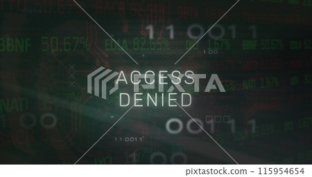Image of access denied text, x symbol, binary codes, circuit board texture over trading board Image of access denied text, x symbol, binary codes, circuit board texture over trading board 115954654