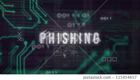 Image of phishing text over motherboard and data processing Image of phishing text over motherboard and data processing 115954657