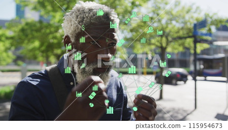 Image of red circles over clown and boy having fun at woman using smartphone 115954673