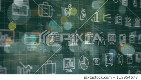 Image of moving icons over bokeh effect against icons connected by lines Image of moving icons over bokeh effect against icons connected by lines 115954678
