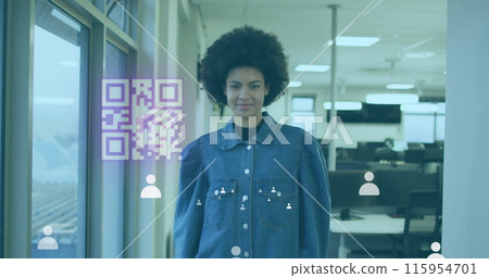 Image of gr code and icons over biracial woman smiling in office 115954701