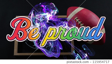 Image of be proud text, abstract pattern over rugby ball and game plan on slate 115954717