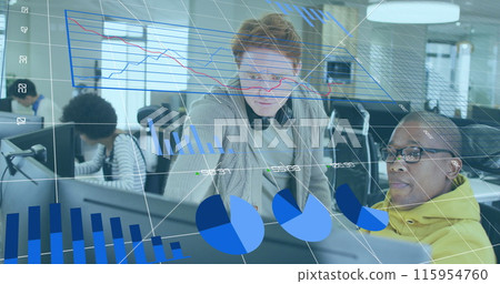 Image of financial data and graphs over diverse male coworkers using laptop in office Image of financial data and graphs over diverse male coworkers using laptop in office 115954760