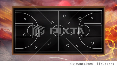 Image of game plan on black board over light trails Image of game plan on black board over light trails 115954774