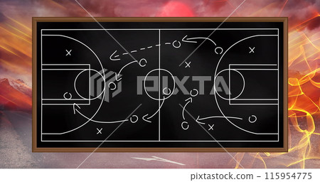 Image of game plan on black board over light trails 115954775