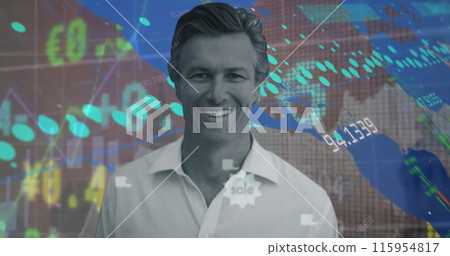 Image of portrait of smiling caucasian man over moving trading board, graph and numbers Image of portrait of smiling caucasian man over moving trading board, graph and numbers 115954817
