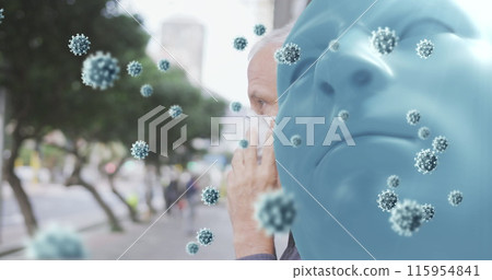 Image of covid 19 cells over blue face and caucasian man wearing face mask 115954841