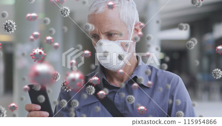 Image of virus cells over senior caucasian man wearing face mask 115954866