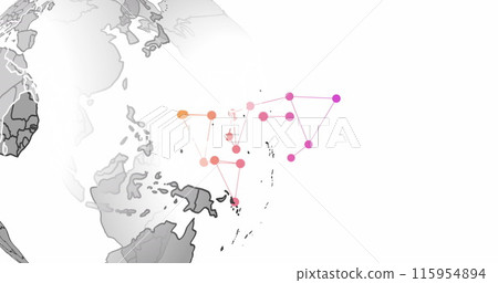 Image of network of connections over spinning globe against white background 115954894