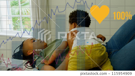 Image of data processing over african american mother embracing son 115954909
