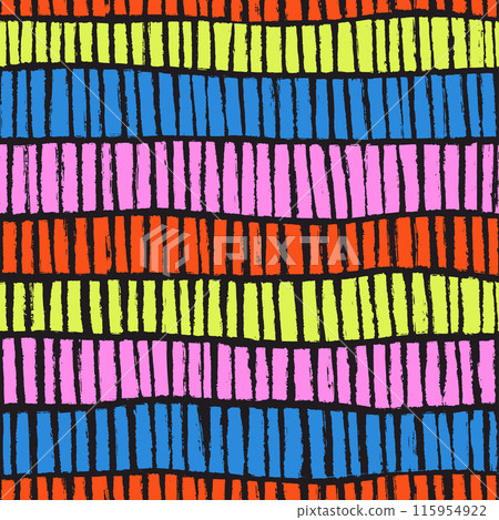Naive playful boho seamless pattern with hand drawn textured dashes. Abstract matisse Striped print in bright childish colors. Messy graffiti wallpaper print. Swiss Doodle contemporary design for kids 115954922