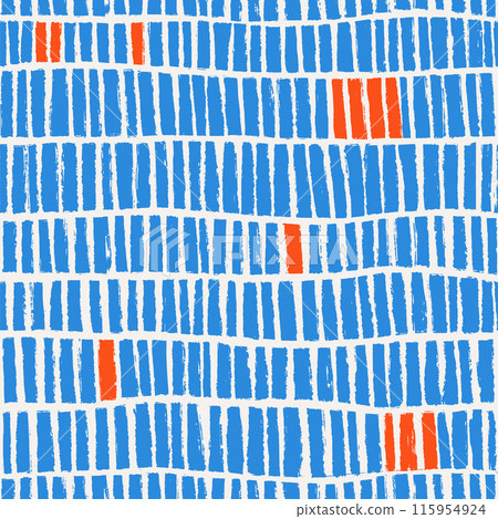 Naive Blue playful boho seamless pattern with hand drawn textured dashes. Abstract matisse pattern with red color accent. Messy graffiti wallpaper print. Swiss Doodle contemporary design for kids. 115954924