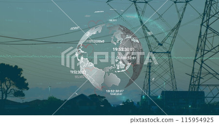 Image of changing numbers over spinning globe against network towers 115954925