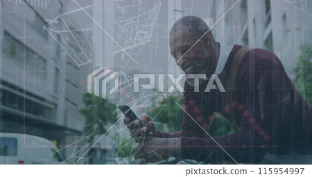 Image of plexus networks over african american man with bicycle using smartphone on street 115954997