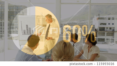 Image of percent, pie chart financial data processing over diverse business people Image of percent, pie chart financial data processing over diverse business people 115955016