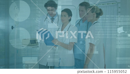 Image of statistical data processing over team of diverse doctors discussing reports at hospital 115955052