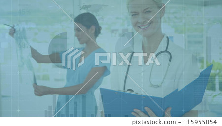 Image of data processing over caucasian senior female doctor holding reports smiling at hospital 115955054