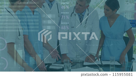 Image of data processing over team of diverse doctors and health workers discussing at hospital Image of data processing over team of diverse doctors and health workers discussing at hospital 115955081