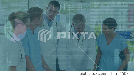 Image of data processing over team of diverse doctors and health workers discussing at hospital Image of data processing over team of diverse doctors and health workers discussing at hospital 115955083