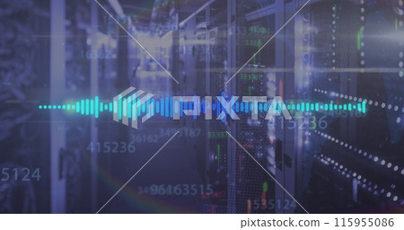 Image of data processing and shapes over server room Image of data processing and shapes over server room 115955086