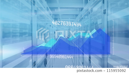 Image of data processing and white lines over server room 115955092