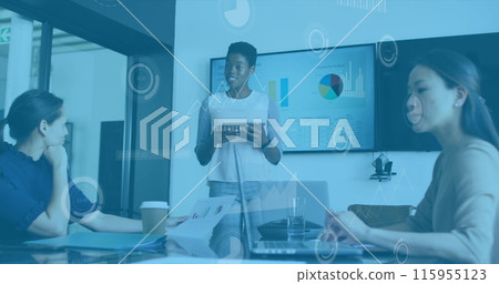 Image of data processing over african american woman giving a presentation at office 115955123