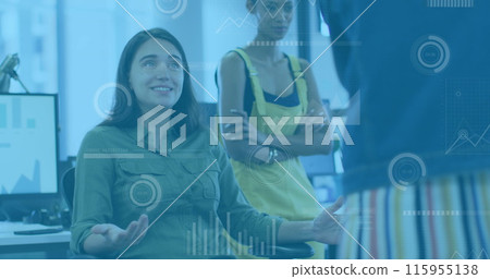 Image of data processing over group of diverse women discussing together at office Image of data processing over group of diverse women discussing together at office 115955138