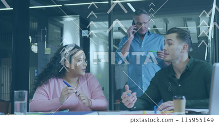 Image of arrows with data processing over diverse business people working in office 115955149