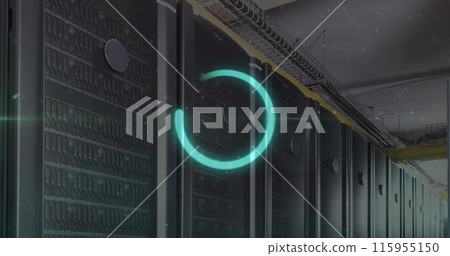 Image of illuminated loading circle over white dots against server room 115955150