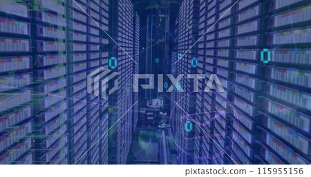 Image of binary codes coming out of tunnel, connected icons against server room and equipment 115955156