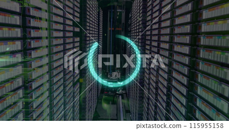 Image of loading circle over dots against server racks and equipment in background Image of loading circle over dots against server racks and equipment in background 115955158