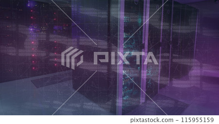 Image of blockchains over illuminated server rack in server room 115955159