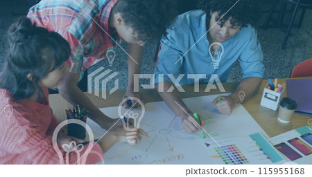 Image of lightbulb icons over diverse business people discussing work in office Image of lightbulb icons over diverse business people discussing work in office 115955168
