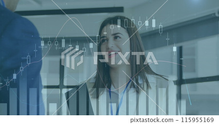 Image of multiple graphs moving over caucasian businesswoman discussing with colleague in office 115955169
