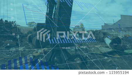 Image of multiple graphs on grid over compactor and crane at junkyard 115955194