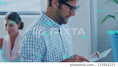 Image of changing numbers with currency symbols over caucasian man using digital tablet Image of changing numbers with currency symbols over caucasian man using digital tablet 115955213
