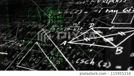 Image of mathematical equation and diagrams against illuminated server rack in server room Image of mathematical equation and diagrams against illuminated server rack in server room 115955216