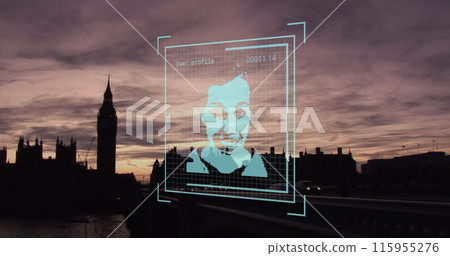Image of biometric photo and data processing over london cityscape 115955276