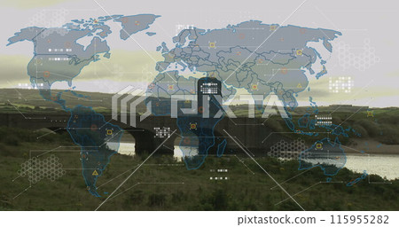 Image of world map and data processing over landscape Image of world map and data processing over landscape 115955282