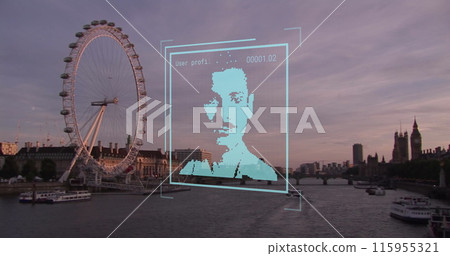 Image of biometric photo and data processing over london cityscape Image of biometric photo and data processing over london cityscape 115955321