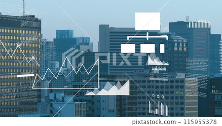 Image of financial data processing over cityscape 115955378