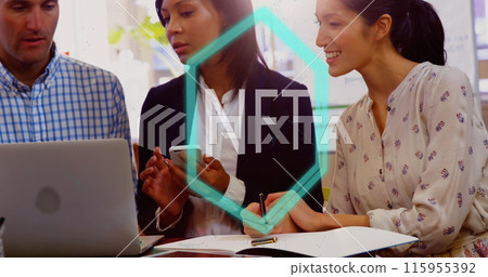 Image of nft text and connections over diverse business people in office 115955392